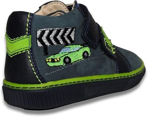 Kids Boys’ Genuine Leather Shoes – Ergonomic Supportive Sole, Stable Heel, Flexible Forefoot, Adjustable Hook & Loop Straps, Embroidered Design – Navy Blue/Green with Race Car Design in Saudi Arabia