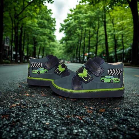 Kids Boys’ Genuine Leather Shoes – Ergonomic Supportive Sole, Stable Heel, Flexible Forefoot, Adjustable Hook & Loop Straps, Embroidered Design – Navy Blue/Green with Race Car Design in Saudi Arabia