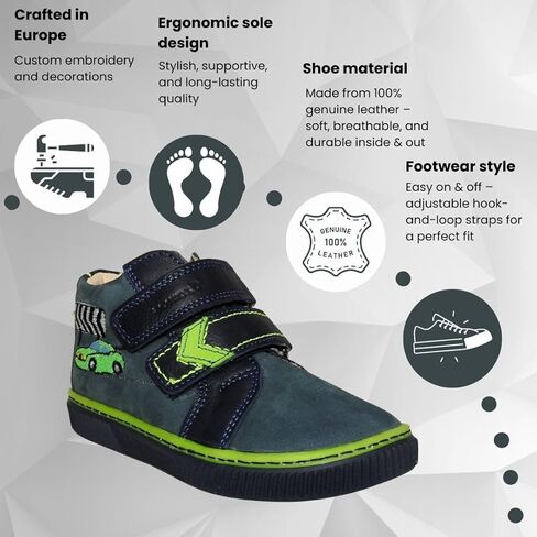 Kids Boys’ Genuine Leather Shoes – Ergonomic Supportive Sole, Stable Heel, Flexible Forefoot, Adjustable Hook & Loop Straps, Embroidered Design – Navy Blue/Green with Race Car Design in Saudi Arabia