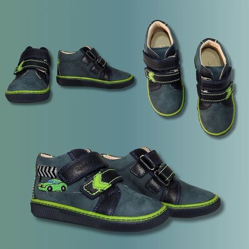 Kids Boys’ Genuine Leather Shoes – Ergonomic Supportive Sole, Stable Heel, Flexible Forefoot, Adjustable Hook & Loop Straps, Embroidered Design – Navy Blue/Green with Race Car Design in Saudi Arabia