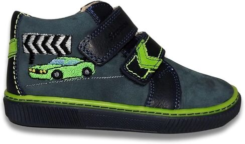 Kids Boys’ Genuine Leather Shoes – Ergonomic Supportive Sole, Stable Heel, Flexible Forefoot, Adjustable Hook & Loop Straps, Embroidered Design – Navy Blue/Green with Race Car Design in Saudi Arabia