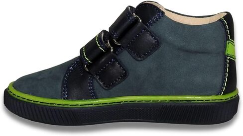 Kids Boys’ Genuine Leather Shoes – Ergonomic Supportive Sole, Stable Heel, Flexible Forefoot, Adjustable Hook & Loop Straps, Embroidered Design – Navy Blue/Green with Race Car Design in Saudi Arabia