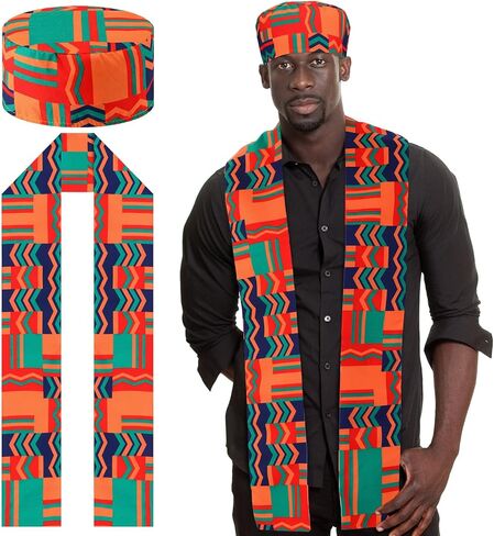 2 Pcs African Kente Stole Kufi Hat Kente Sash Scarf Clothing Accessories for Black History Month Kwanzaa Gifts in Saudi Arabia