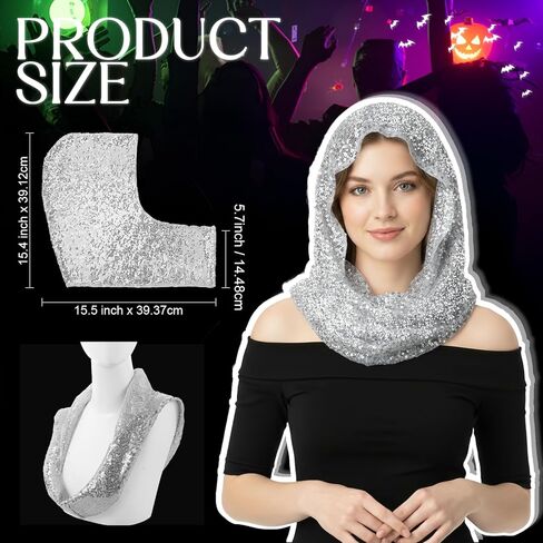 وشاح الهذيان ذو القلنسوة بالترتر، إكسسوارات الزي للنساء وشاح الرأس اللامع بقلنسوة لزي حفلات الهالوين in Kuwait