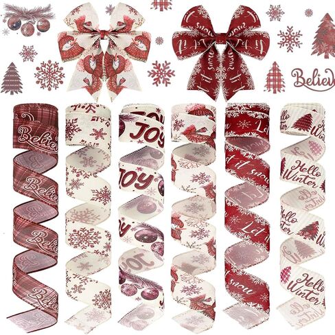 6 Rolls 30 Yards Christmas Wired Ribbon 2 Inch Blue Christmas Ribbons Snowflake Reindeer Snowman Ribbons Winter Swirl Burlap Gift Wrapping Ribbon for Xmas Tree DIY Craft Bow Wreath Decorations in Saudi Arabia