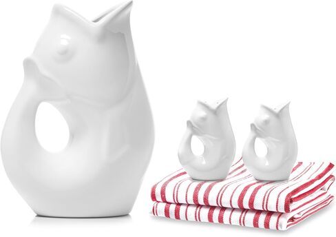 مجموعة هدايا كومبو من Gurgle Pot Fish Pitcher Combo، إبريق كبير سعة 42 أونصة، هزازات ملح وفلفل متطابقة مع مناشف المطبخ. إبريق مزخرف "يقرقر" عند الصب (مناشف مخططة باللون الأحمر) in Kuwait