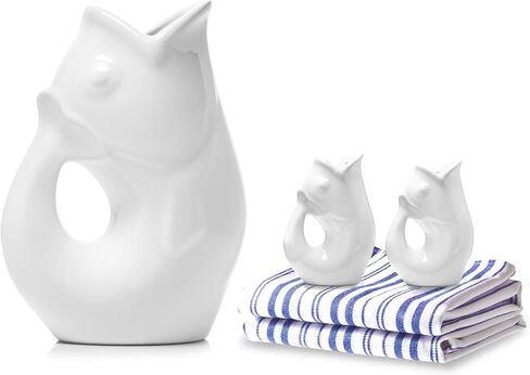 مجموعة هدايا كومبو من Gurgle Pot Fish Pitcher Combo، إبريق كبير سعة 42 أونصة، هزازات ملح وفلفل متطابقة مع مناشف المطبخ. إبريق مزخرف "يقرقر" عند الصب (مناشف مخططة باللون الأحمر) in Kuwait