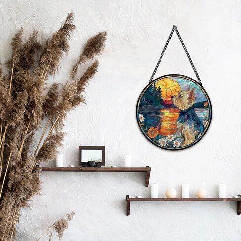يوركشاير زهرة suncatcher نافذة الزجاج الملون شنقا، يوركشاير الهدايا الشمس الماسكون نافذة داخلية زجاج جدار ديكور الفن، الكلب جولة الجدار شنقا الزينة، 7.9x7.9 بوصة in Kuwait