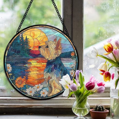 يوركشاير زهرة suncatcher نافذة الزجاج الملون شنقا، يوركشاير الهدايا الشمس الماسكون نافذة داخلية زجاج جدار ديكور الفن، الكلب جولة الجدار شنقا الزينة، 7.9x7.9 بوصة in Kuwait