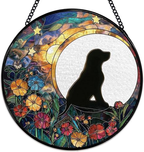 يوركشاير زهرة suncatcher نافذة الزجاج الملون شنقا، يوركشاير الهدايا الشمس الماسكون نافذة داخلية زجاج جدار ديكور الفن، الكلب جولة الجدار شنقا الزينة، 7.9x7.9 بوصة in Kuwait