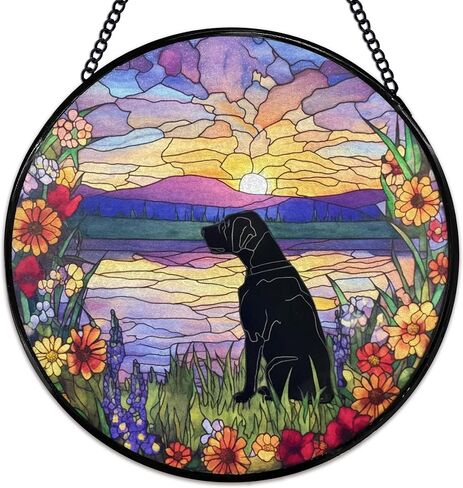 يوركشاير زهرة suncatcher نافذة الزجاج الملون شنقا، يوركشاير الهدايا الشمس الماسكون نافذة داخلية زجاج جدار ديكور الفن، الكلب جولة الجدار شنقا الزينة، 7.9x7.9 بوصة in Kuwait