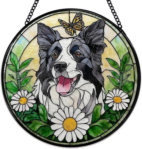 يوركشاير زهرة suncatcher نافذة الزجاج الملون شنقا، يوركشاير الهدايا الشمس الماسكون نافذة داخلية زجاج جدار ديكور الفن، الكلب جولة الجدار شنقا الزينة، 7.9x7.9 بوصة in Kuwait