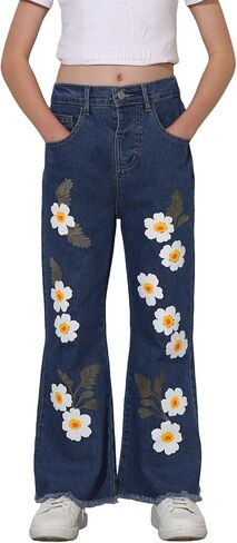 Girls Jeans Bell-Bottom Raw Edge Denim Pants Flowers Print Elastic Waist Loose Fit Denim Pants with Pocket in Saudi Arabia