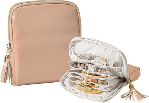 shunmei Mini Travel Jewelry Bag, Small Travel Jewelry Case, Portable Leather Jewelry Pouches for Storage, Necklaces, Earrings, Rings, Bracelets Organizer, Christmas Gifts for Women Girls-Coffee in Saudi Arabia