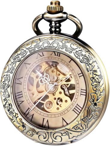 Mechanical Pocket Watch, for Men Women Special Magnifier Half Hunter Engraved Case Roman Numerals with Chain in Saudi Arabia