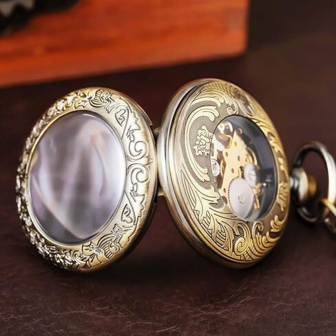Mechanical Pocket Watch, for Men Women Special Magnifier Half Hunter Engraved Case Roman Numerals with Chain in Saudi Arabia