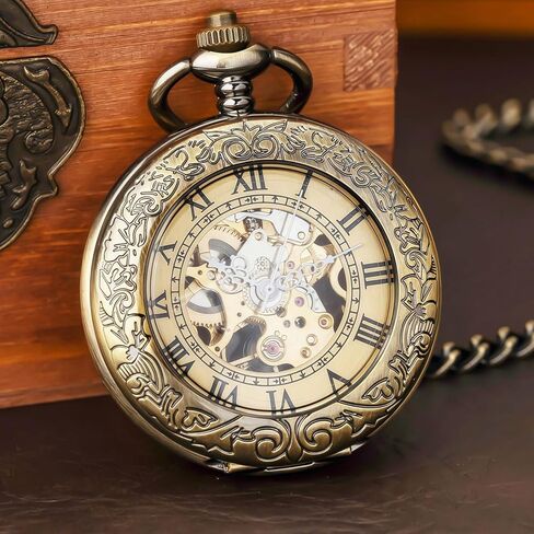 Mechanical Pocket Watch, for Men Women Special Magnifier Half Hunter Engraved Case Roman Numerals with Chain in Saudi Arabia