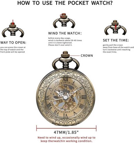 Mechanical Pocket Watch, for Men Women Special Magnifier Half Hunter Engraved Case Roman Numerals with Chain in Saudi Arabia
