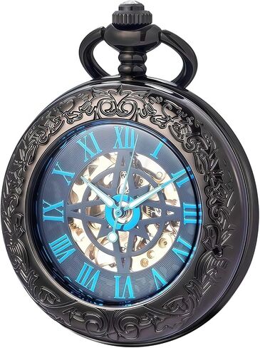 Mechanical Pocket Watch, for Men Women Special Magnifier Half Hunter Engraved Case Roman Numerals with Chain in Saudi Arabia