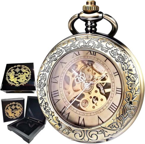 Mechanical Pocket Watch, for Men Women Special Magnifier Half Hunter Engraved Case Roman Numerals with Chain in Saudi Arabia