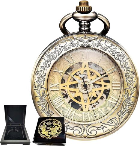 Mechanical Pocket Watch, for Men Women Special Magnifier Half Hunter Engraved Case Roman Numerals with Chain in Saudi Arabia