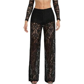 GORGLITTER Women's Lace Pants Sheer Mesh Wide Leg Pants See Through High Waist Going Out Grunge Trousers in Saudi Arabia