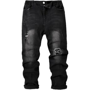 Nivne Tco Tween Boys Black Jeans Dark Wash Cut Out Ripped Frayed Design Zipper and Elastic Waist Denim Pants in Saudi Arabia