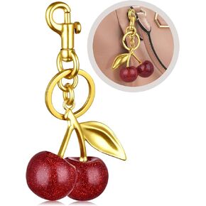 سلسلة مفاتيح على شكل كرز، حلية حقيبة كرزية لامعة، سلسلة مفاتيح ومشبك - راتنج لامع ولمسات معدنية، مناسبة للحقائب والمحافظ in Kuwait