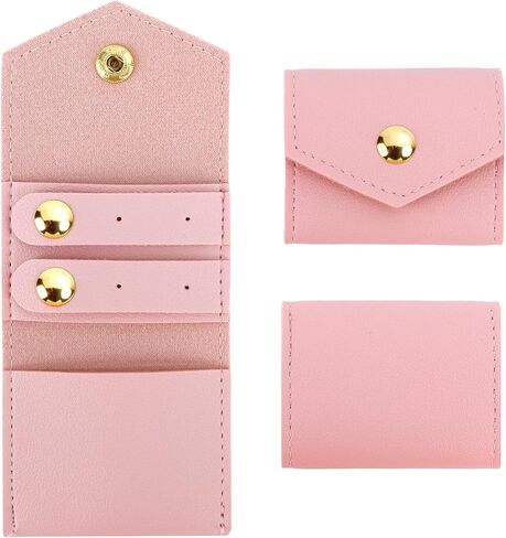 Pink Mini Travel Jewelry Bag Foldable Small Size Portable Leather Ring Case Earring Pouch Soft Organizer Tiny Traveling Jewelry Rolls Zippered Pocket Case Stocking Stuffers Gifts for Women Girls in Kuwait