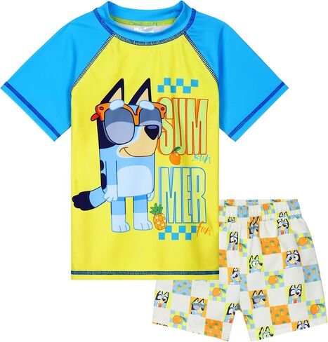 مجموعة ملابس السباحة Bluey للأولاد والأطفال الصغار ملابس سباحة مكونة من قطعتين بدلة سباحة وسروال وعطلة للحماية من الطفح الجلدي in Saudi Arabia