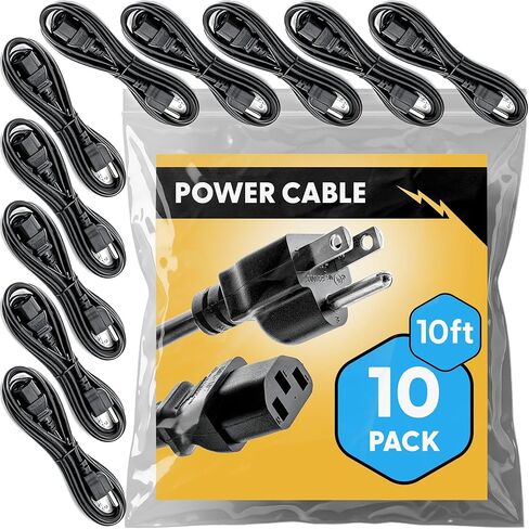 UL Listed 10ft Universal Power Cord (10 Pack) - IEC C13 to NEMA 5-15P Computer Monitor Cable for IT Departments, Data Centers & Bulk Purchasing - 18AWG 10A 125V in Kuwait