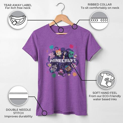 تي شيرت Minecraft للفتيات Portal Party Graphic - لون التوت الأرجواني - يتميز بشخصية Alex & Steve - Mine Craft Movie Merch in Kuwait