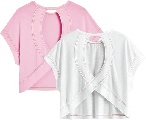 Girl's 2 Packs Open Back Backless Tops Criss Cross Short Sleeve T Shirts Crewneck Casual Tees in Saudi Arabia