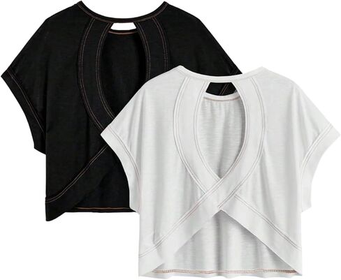 Girl's 2 Packs Open Back Backless Tops Criss Cross Short Sleeve T Shirts Crewneck Casual Tees in Saudi Arabia