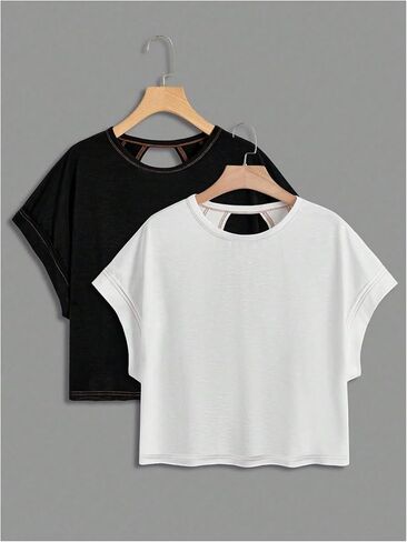 Girl's 2 Packs Open Back Backless Tops Criss Cross Short Sleeve T Shirts Crewneck Casual Tees in Saudi Arabia