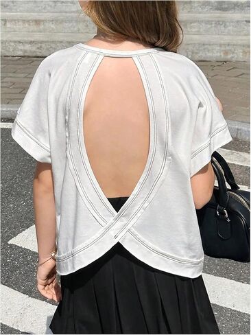 Girl's 2 Packs Open Back Backless Tops Criss Cross Short Sleeve T Shirts Crewneck Casual Tees in Saudi Arabia