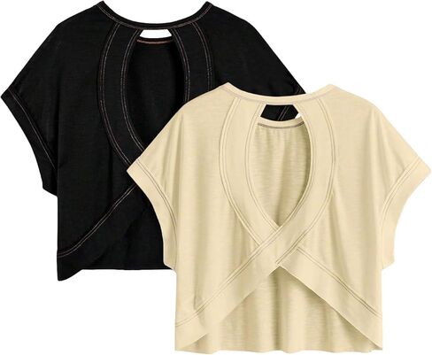 Girl's 2 Packs Open Back Backless Tops Criss Cross Short Sleeve T Shirts Crewneck Casual Tees in Saudi Arabia