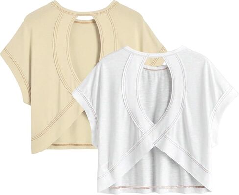 Girl's 2 Packs Open Back Backless Tops Criss Cross Short Sleeve T Shirts Crewneck Casual Tees in Saudi Arabia