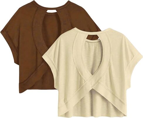 Girl's 2 Packs Open Back Backless Tops Criss Cross Short Sleeve T Shirts Crewneck Casual Tees in Saudi Arabia