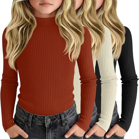 3 Pack Girls' Ribbed Long Sleeve Shirts Cotton Mock Turtleneck Tops Tag Free Knit Base Layer Tee Casual Undershirts in Saudi Arabia