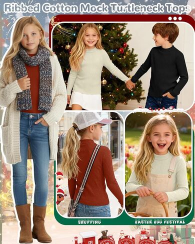 3 Pack Girls' Ribbed Long Sleeve Shirts Cotton Mock Turtleneck Tops Tag Free Knit Base Layer Tee Casual Undershirts in Saudi Arabia