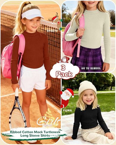 3 Pack Girls' Ribbed Long Sleeve Shirts Cotton Mock Turtleneck Tops Tag Free Knit Base Layer Tee Casual Undershirts in Saudi Arabia