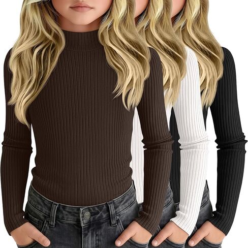 3 Pack Girls' Ribbed Long Sleeve Shirts Cotton Mock Turtleneck Tops Tag Free Knit Base Layer Tee Casual Undershirts in Saudi Arabia