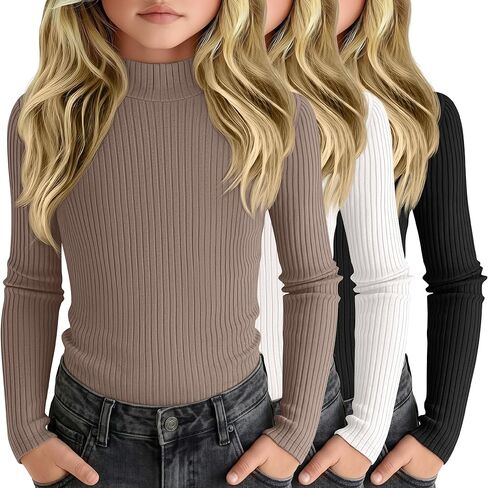 3 Pack Girls' Ribbed Long Sleeve Shirts Cotton Mock Turtleneck Tops Tag Free Knit Base Layer Tee Casual Undershirts in Saudi Arabia