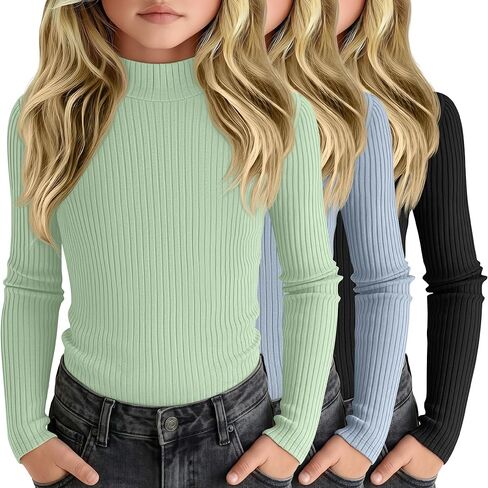 3 Pack Girls' Ribbed Long Sleeve Shirts Cotton Mock Turtleneck Tops Tag Free Knit Base Layer Tee Casual Undershirts in Saudi Arabia