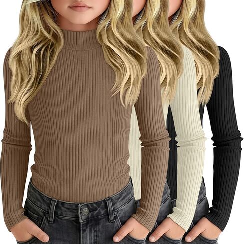 3 Pack Girls' Ribbed Long Sleeve Shirts Cotton Mock Turtleneck Tops Tag Free Knit Base Layer Tee Casual Undershirts in Saudi Arabia