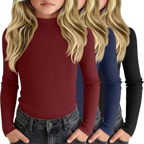 3 Pack Girls' Ribbed Long Sleeve Shirts Cotton Mock Turtleneck Tops Tag Free Knit Base Layer Tee Casual Undershirts in Saudi Arabia
