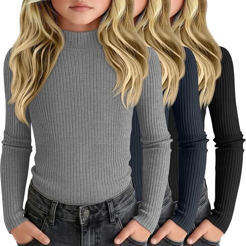 3 Pack Girls' Ribbed Long Sleeve Shirts Cotton Mock Turtleneck Tops Tag Free Knit Base Layer Tee Casual Undershirts in Saudi Arabia