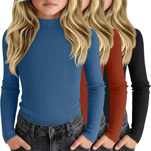 3 Pack Girls' Ribbed Long Sleeve Shirts Cotton Mock Turtleneck Tops Tag Free Knit Base Layer Tee Casual Undershirts in Saudi Arabia