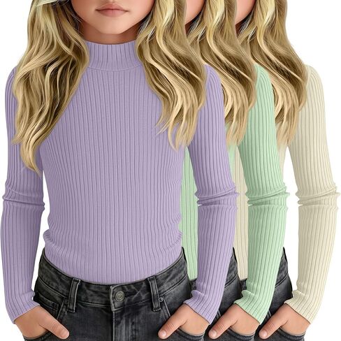 3 Pack Girls' Ribbed Long Sleeve Shirts Cotton Mock Turtleneck Tops Tag Free Knit Base Layer Tee Casual Undershirts in Saudi Arabia